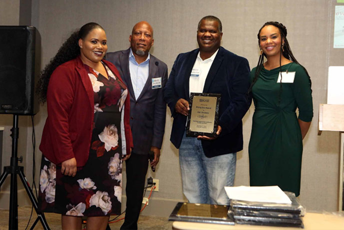 CNI SOLUTIONS WINNER OF  HMBCC RISING STAR (NONPROFIT) AWARD (PICTURED L- R): Iris  Frye, CNI Solutions, Jerry Mitchell HMBCC CEO, Charles Frye President CNI Solution, Alex Boyd HMBCC Membership Chair & Partner at Quali-Tech Properties